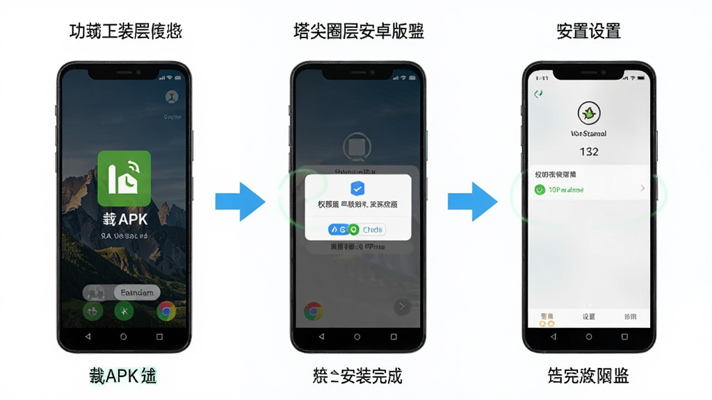 塔尖圈层安卓版安装教程示意图,画面展示手机屏幕从下载APK到安装完成的全过程,包含权限弹窗与设置界面,布局分步清晰,风格简洁教程风,细节有箭头指引与高亮标注,画质高清,干净无多余元素