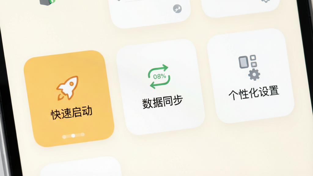 idoido软件内部功能卡片式布局的界面特写,画面中显示三个圆角矩形功能卡片,分别标注着“快速启动”、“数据同步”、“个性化设置”,背景为柔和的米白色,光线明亮,风格极简清新,画质干净