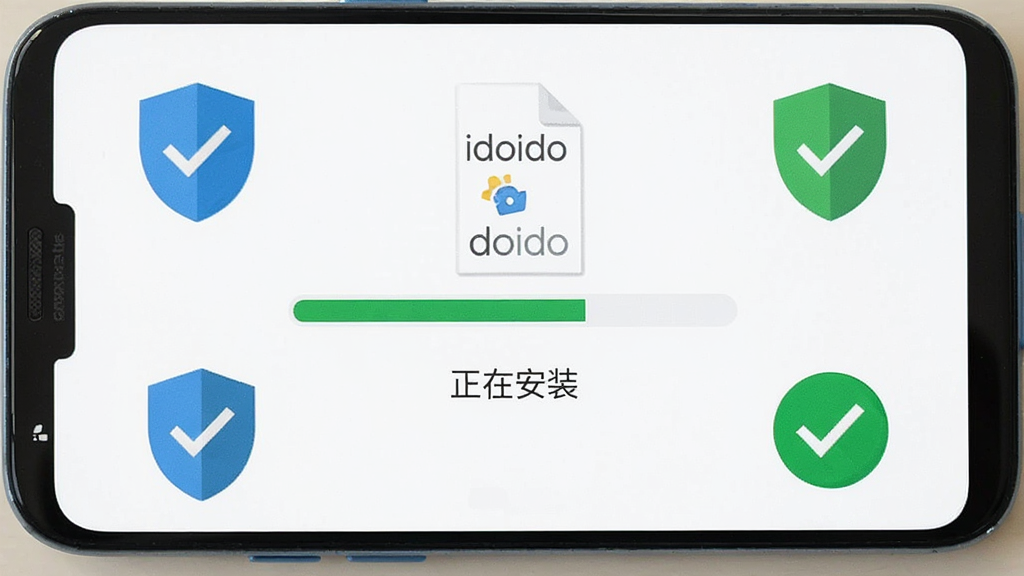 一张展示安卓手机安装idoido APK文件的界面截图,屏幕中央显示安装进度条,下方有“正在安装”字样,周围有安全盾牌图标和绿色对勾,风格扁平化,画质干净,无杂乱元素