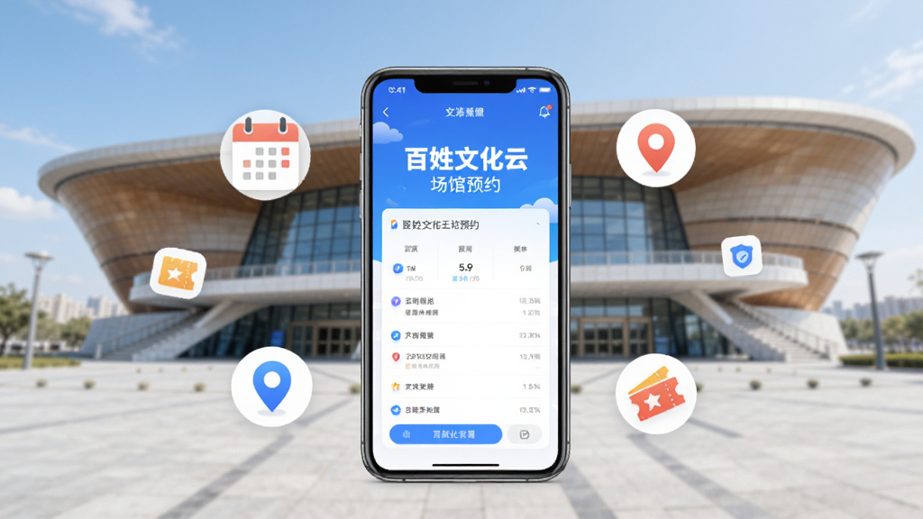 画面中央展示一部智能手机,屏幕上显示“百姓文化云”场馆预约界面,背景是现代化的文化场馆建筑。手机周围环绕着日历、定位、门票等小图标。整体风格清新明亮,画质清晰,构图简洁,无杂乱元素。