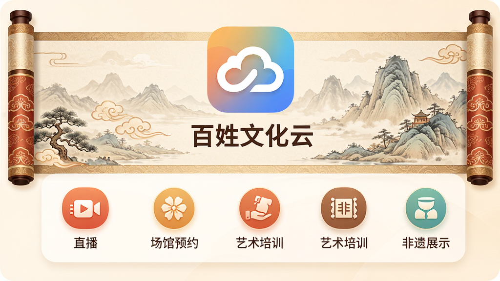 画面上方居中显示“百姓文化云”应用图标和名称,背景是淡雅的中国风山水画卷轴展开。下方整齐排列多个功能模块图标,包括直播、场馆预约、艺术培训、非遗展示等。整体采用暖色调,融合传统纹样与现代UI设计风格。细节精致,画质高清,画面干净,无多余元素。