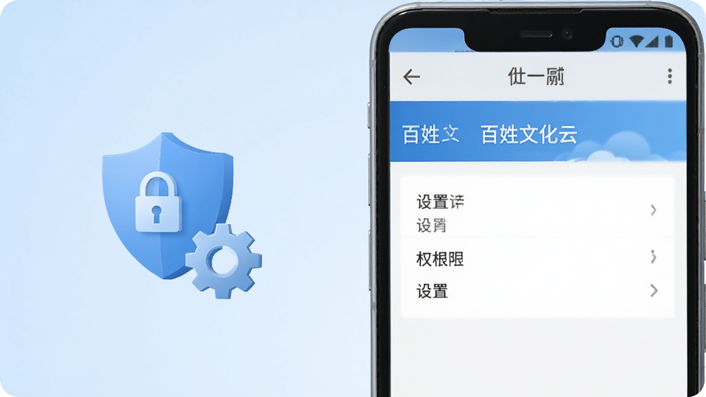 画面展示一部安卓手机屏幕,屏幕上显示“百姓文化云”应用的设置和权限管理界面。旁边有盾牌和齿轮图标,象征安全与设置。背景为柔和的浅蓝色渐变。风格简洁商务,画质清晰,无多余装饰。