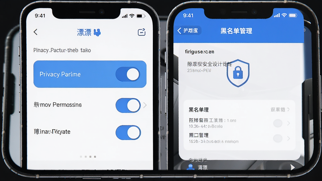 画面以“漂漂”软件的隐私安全设置为主题,主体为手机屏幕,屏幕中展示隐私权限开关和黑名单管理界面,布局为对称式排版,风格为简洁的科技蓝配色,细节上突出锁形图标和盾牌元素,画质清晰,干净,无多余元素
