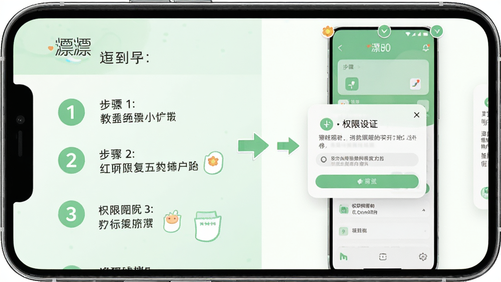画面展示“漂漂”软件的新手操作引导界面,主体为手机屏幕,屏幕中显示分步引导图和权限设置弹窗,布局为左右分栏结构,左侧为步骤说明,右侧为界面截图,风格为清爽的浅绿配色,细节上突出数字序号和箭头指引,画质清晰,干净,无多余元素
