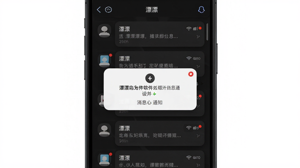 画面展示“漂漂”软件的消息通知界面,主体为手机屏幕,屏幕中显示消息列表和弹窗提醒,布局为垂直列表式排版,风格为简约现代的深色模式UI,细节上突出消息卡片的阴影层次和未读标记的红点提示,画质清晰,干净,无多余元素