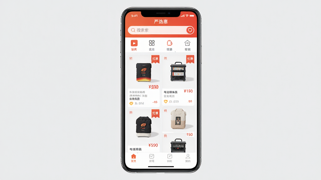 手机屏幕居中展示“严选惠”APP首页界面,上方为搜索栏与分类图标,中部为商品卡片瀑布流布局,底部为导航菜单栏,整体采用橙红与白色清新配色,界面干净整洁,画面为正面平视角度,背景为浅灰色纯色,风格为现代移动应用UI展示图,细节包括商品缩略图、价格标签、优惠券角标,画质清晰,无多余元素