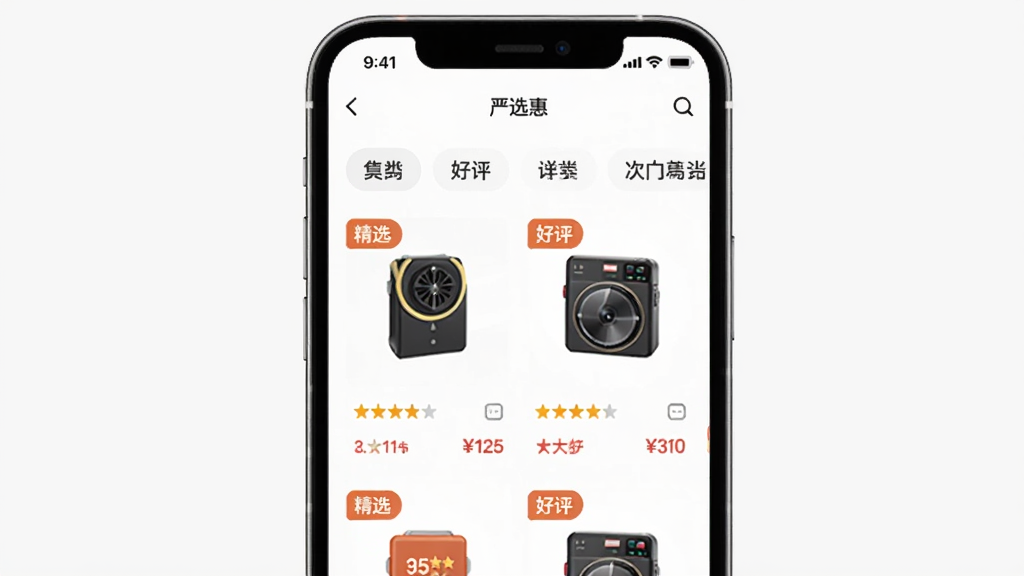 画面中央为“严选惠”软件界面,展示多个商品分类标签与精选商品卡片,卡片上标注“精选”“好评”等标签,主体为手机屏幕特写,布局为上下结构,上方为分类导航,下方为商品列表,风格为扁平化UI设计展示,细节包括商品图片、评分星级、价格信息,画质清晰,背景干净无杂物