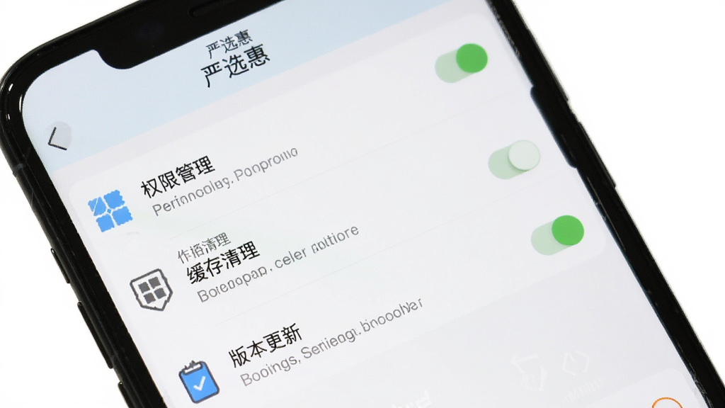 手机屏幕显示“严选惠”软件设置页面,界面中包含权限管理、缓存清理、版本更新等选项,布局为纵向列表,风格为简洁实用UI风格,细节包括开关按钮、文字说明、图标,画质清晰,背景为白色,无多余元素