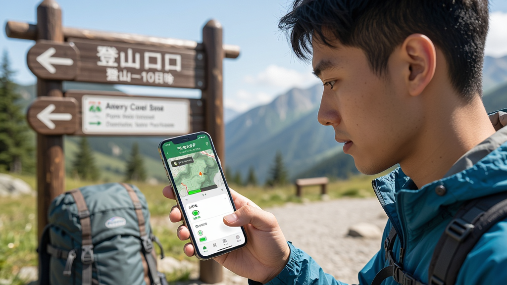 一位年轻人在山脚准备出发前检查手机上的