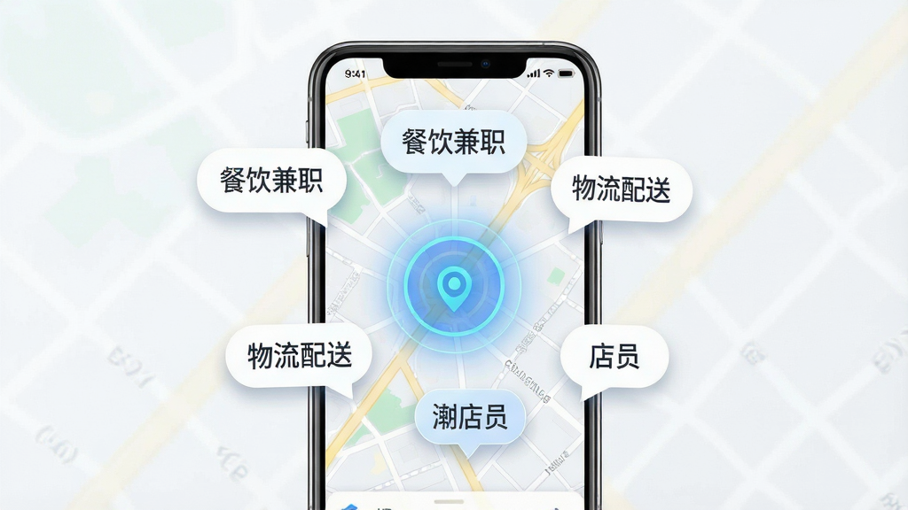 ͬ�Ǹ���������ƸAPP������λ���͹���ʾ��ͼ����������Ϊ�ֻ���Ļ����Ļ��չʾ��ͼ��ɢ���Ŷ��ְλ����ͼ�꣬������д�С�������ְ�����������͡�����Ա�������������ֲ������ķ���ʽ��ͼ�����Ϊ�Ƽ���дʵ�磬ϸ�ڰ�����λ��Ȧ��ֵ���ͼ�����ʸ��壬�ɾ����޶���Ԫ��