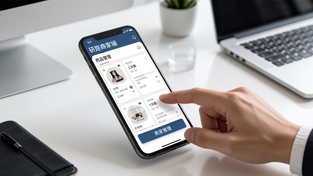 一个展示移动端管理后台操作界面的场景图,画面中一只手正在点击手机屏幕上的商家管理按钮,屏幕内显示研路商家端的商品管理页面,背景为简约的办公桌环境,风格现代商务,细节丰富,画质清晰,干净无多余元素