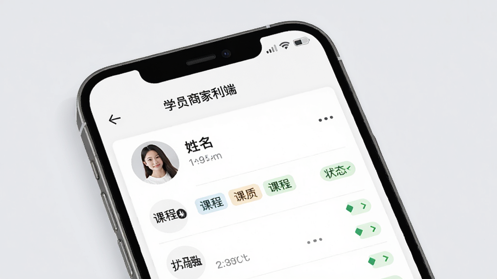 一张展示学员信息管理列表的手机界面图,画面中手机屏幕显示研路商家端的学员档案页面,包含头像、姓名、课程标签和状态标识,背景为柔和的浅灰色,风格清新简洁,细节清晰,画质高清,干净无多余元素