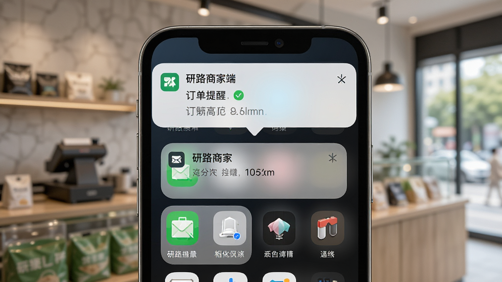一幅展示手机通知中心界面的图片,画面中手机顶部弹出研路商家端的订单提醒通知卡片,背景为模糊的店铺场景,风格写实,细节丰富,画质清晰,无多余元素