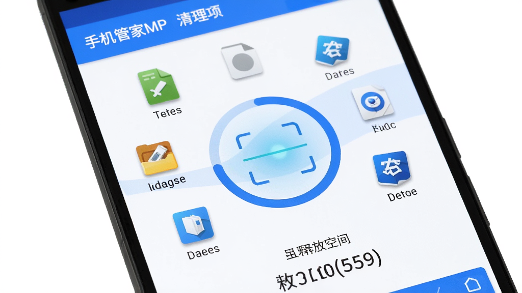 一部安卓手机屏幕显示“手机管家MP”清理界面,界面中央有一个圆形扫描进度条,周围环绕着垃圾文件、缓存图标、安装包等元素,手机下方有释放空间数值显示,背景为清爽的白色与蓝色搭配,风格为简约扁平化,细节上图标带有轻微阴影,画质高清,干净,无多余元素