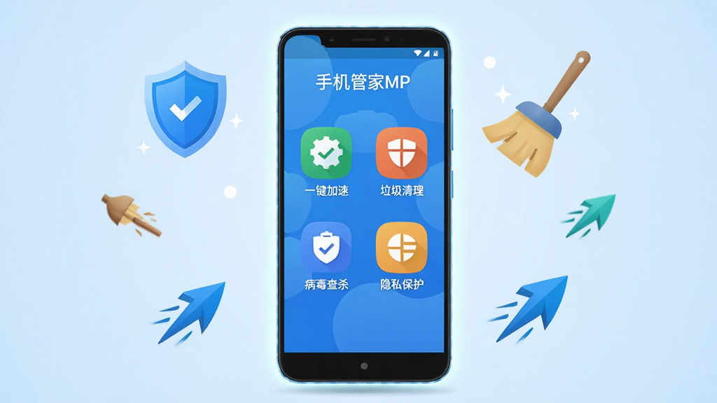 画面中央展示一部安卓手机,手机屏幕显示“手机管家MP”应用主界面,界面包含一键加速、垃圾清理、病毒查杀、隐私保护四个功能图标,手机周围漂浮着盾牌、扫帚、加速箭头等清理与安全元素,背景为浅蓝色渐变,整体布局居中对称,风格为扁平化科技插画,细节上手机边缘有光晕,图标清晰,画质高清,干净,无多余元素