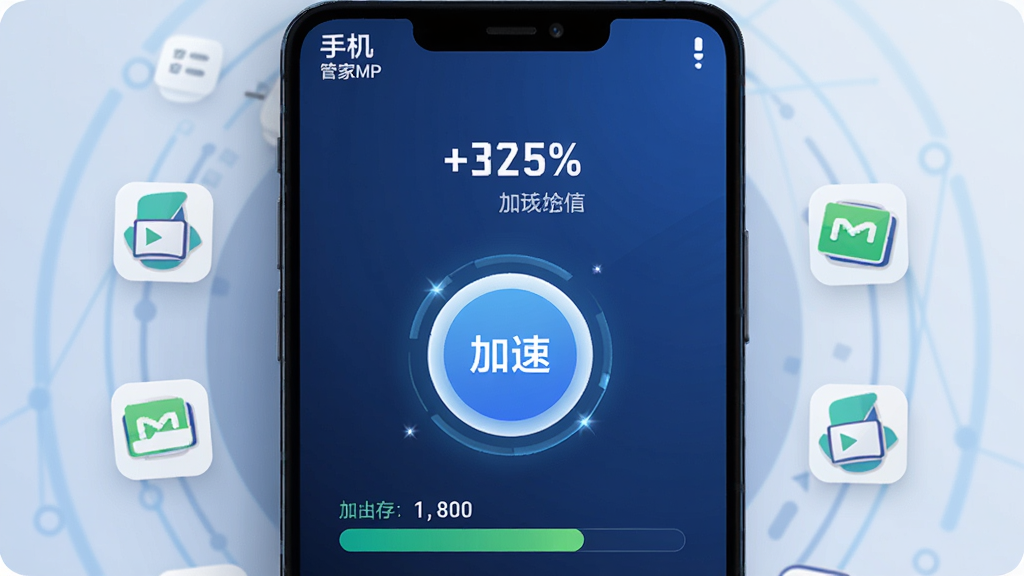 一部安卓手机屏幕显示“手机管家MP”加速界面,界面中央有加速按钮,周围环绕着后台应用图标与内存占用条,手机上方有速度提升百分比数值,背景为深蓝色科技感渐变,风格为现代扁平插画,细节上加速按钮带有光效,画质高清,干净,无多余元素