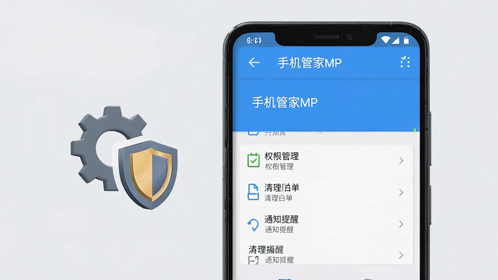 一部安卓手机屏幕显示“手机管家MP”设置界面,界面中包含权限管理、清理白名单、通知提醒等选项,手机旁边有齿轮与盾牌图标,背景为浅灰色,风格为简约商务,细节上界面文字清晰,画质高清,干净,无多余元素