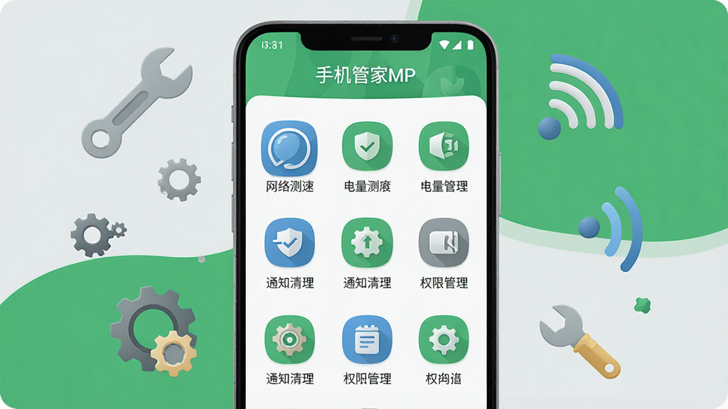 一部安卓手机屏幕显示“手机管家MP”工具箱界面,界面以九宫格形式排列网络测速、电量管理、通知清理、权限管理等功能图标,手机周围漂浮着扳手、齿轮、信号等工具元素,背景为浅灰色与绿色搭配,风格为清新扁平化,细节上图标圆润,画质高清,干净,无多余元素