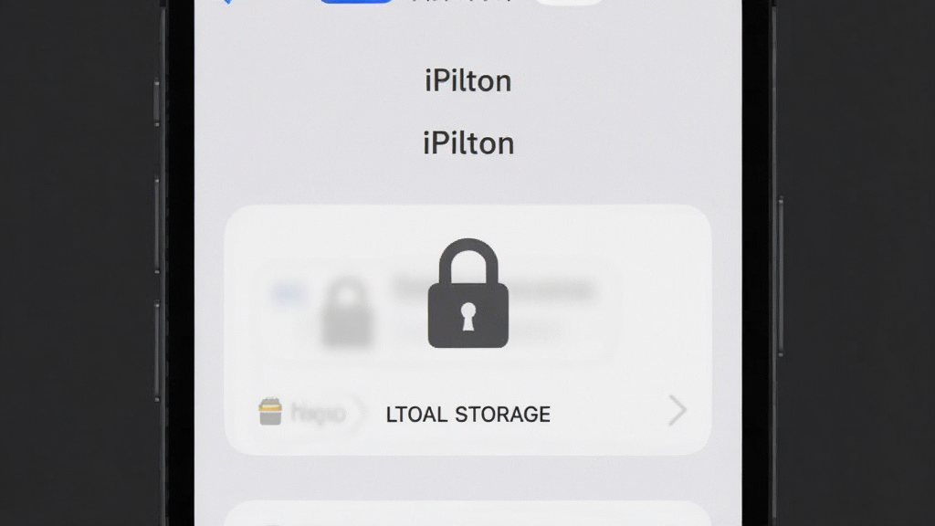 手机屏幕显示“iPilton”应用的数据管理界面,有锁形图标和本地存储标识,背景为深灰色调,风格安全稳重,布局居中,画质清晰,画面干净无杂物