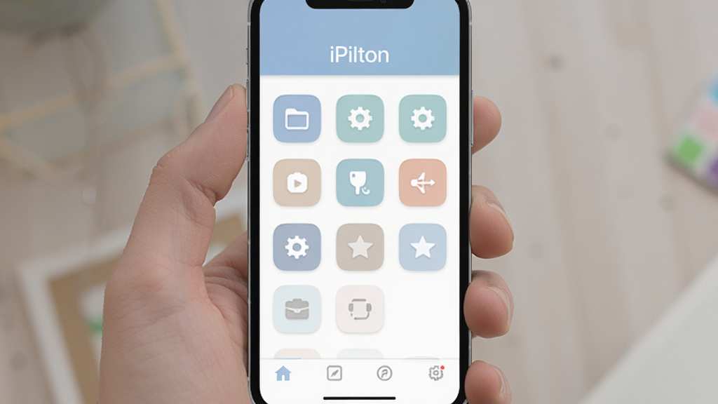 展示“iPilton”应用主界面的手机截图风格图片,界面布局清晰,上方有软件名称“iPilton”,中部为功能图标网格,下部为导航栏,整体配色淡雅,风格扁平化,画质清晰,排版整齐干净