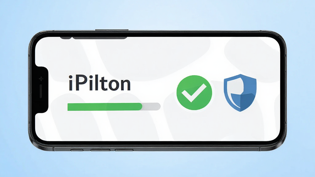 一部手机屏幕上显示“iPilton”应用运行状态界面,旁边有对勾和盾牌图标象征稳定与安全,背景为浅蓝色渐变,风格商务简洁,布局平衡,画质高清,无多余装饰