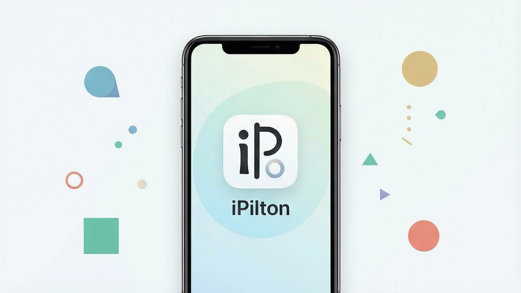 一张展示智能手机屏幕的图片,屏幕中央显示“iPilton”应用图标和名称,图标设计简洁现代,背景为浅色渐变,手机周围有少量几何图形点缀,整体风格清爽干净,布局居中对称,画质高清,无多余元素