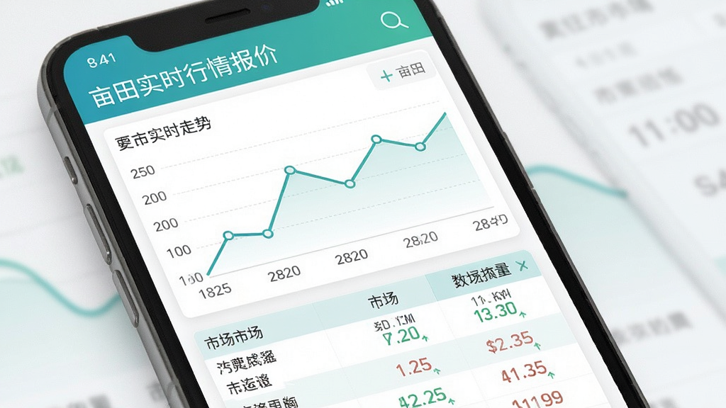 一亩田实时行情报价界面,手机屏幕显示价格走势折线图与各市场报价表格,背景为简约商务风格,色调清爽,细节清晰,画质干净,无多余元素