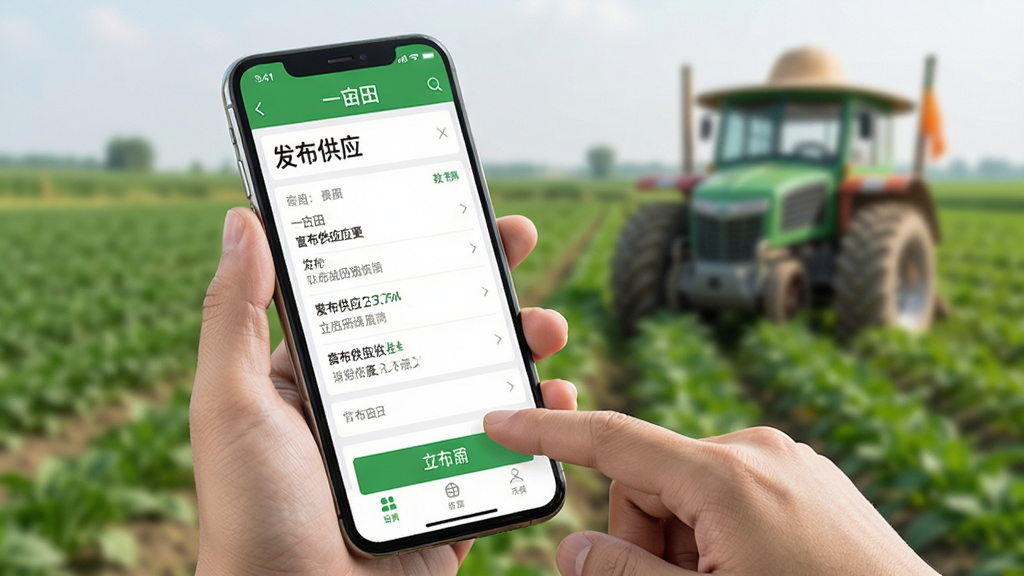 一亩田移动端使用操作示意图,画面展示一部手机握在手中,屏幕显示一亩田APP的发布供应页面,手指正在点击按钮,背景为模糊的农田场景,风格写实,细节清晰,画质干净,无多余元素