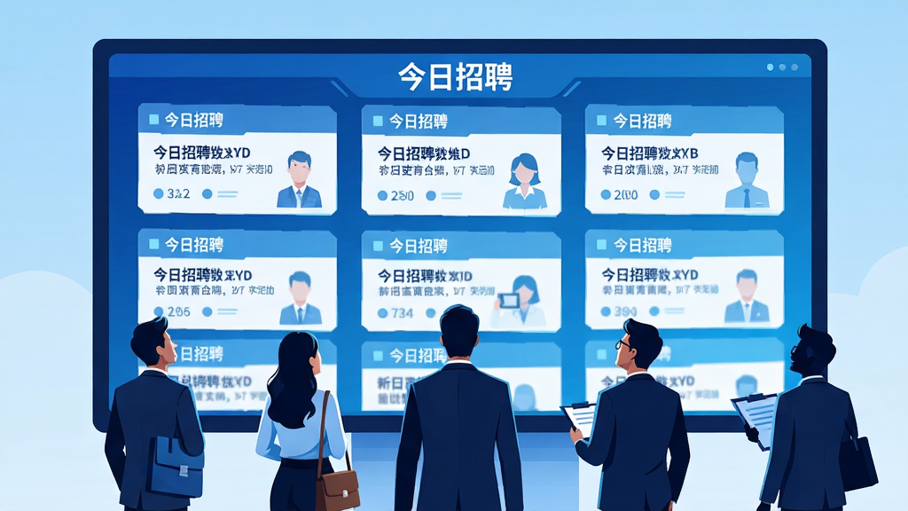 主体为一块巨大的电子屏幕,屏幕上滚动显示各类职位信息卡片,屏幕前方有几位不同职业装扮的求职者抬头观看,布局为屏幕占据画面上方三分之二,下方为人物剪影,排版层次分明,风格为科技感插画风格,细节上屏幕内文字包含
