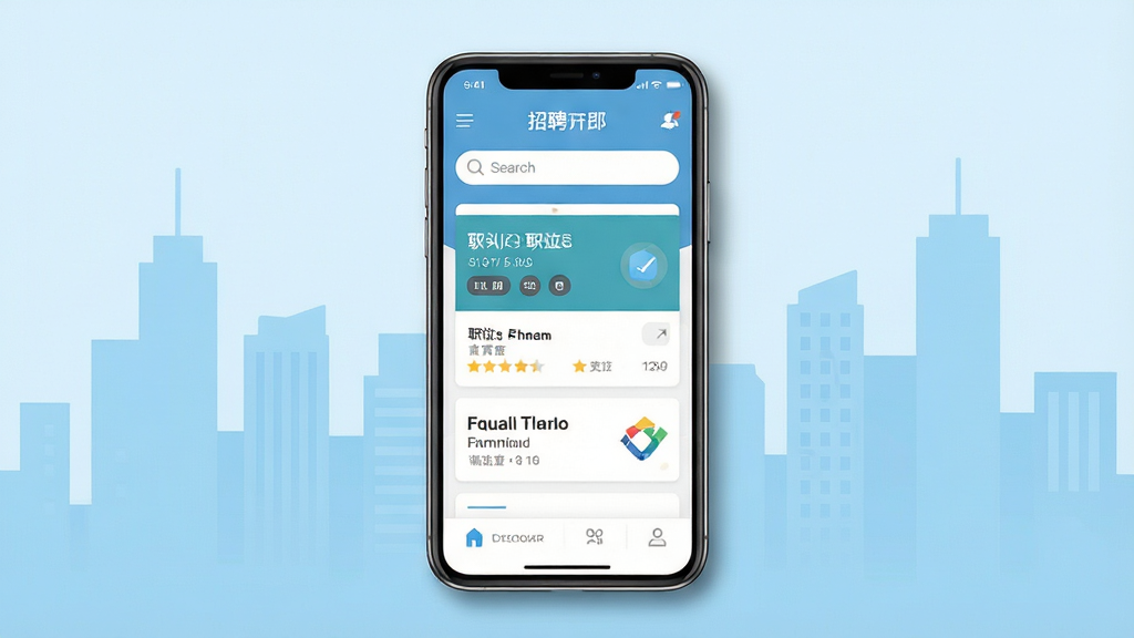 主体为一部智能手机,屏幕上显示招聘APP的首页界面,界面中包含搜索框、职位卡片和公司logo,布局为手机居中展示,背景是浅蓝色的城市建筑剪影,排版简洁清晰,风格为现代扁平化UI风格,细节上手机边缘有轻微阴影,屏幕内文字清晰可见,画面干净无多余元素,画质为高清4K,整体色调清新专业。