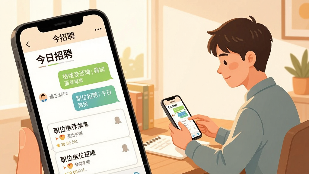 主体为一位年轻求职者坐在书桌前使用手机,手机屏幕中显示聊天对话框和职位推荐列表,布局为人物在画面右侧,左侧为放大的手机屏幕特写,排版左右呼应,风格为温馨生活插画风格,细节上手机屏幕内文字包含