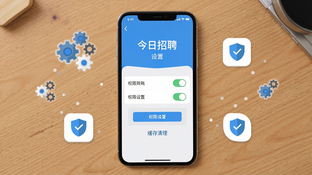 主体为一部手机放置在桌面上,屏幕显示今日招聘APP的设置页面,页面中包含权限开关和缓存清理按钮,布局为手机居中,周围有齿轮和盾牌的小图标点缀,排版简洁,风格为扁平化图标风格,细节上屏幕内文字包含