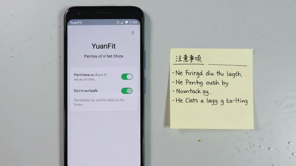 һ����׿�ֻ���Ļ����ʾ YuanFit ��Ȩ����������ҳ�棬ҳ�����п��ذ�ť������˵�����ֻ��Ա���һ��д��ע������ı�ǩֽ������Ϊǳ��ɫ���棬��������ˣ��Ű����������ʸɾ����޶���Ԫ��