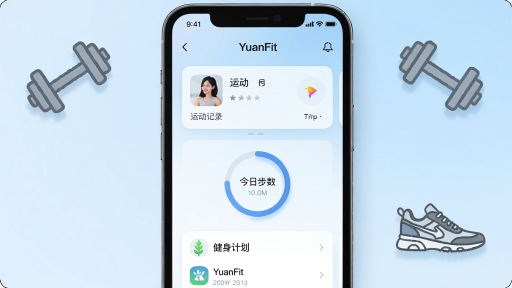 һ���ֻ���Ļ��������ʾ YuanFit Ӧ�������棬��������˶���¼��Ƭ�����ղ���Բ���ͽ����ƻ��б�������Ϊ��͵�ǳ��ɫ���䣬�ֻ������м���������˶�Ьͼ���׺����������ˬ�ִ����Ű���ж��룬�����������ɾ����޶���Ԫ��