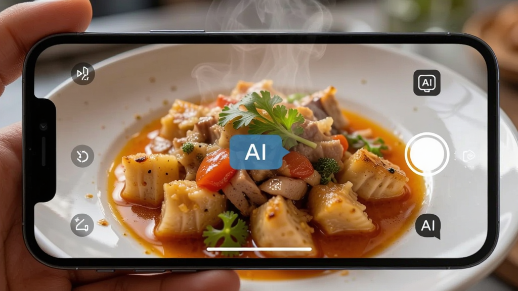 主体是手机拍摄美食画面,布局为手机横屏取景,排版中央显示美食和AI识别标签,风格为明亮写实风,细节包括食物热气、色彩鲜艳、界面有AI场景图标,画质高清干净无多余元素