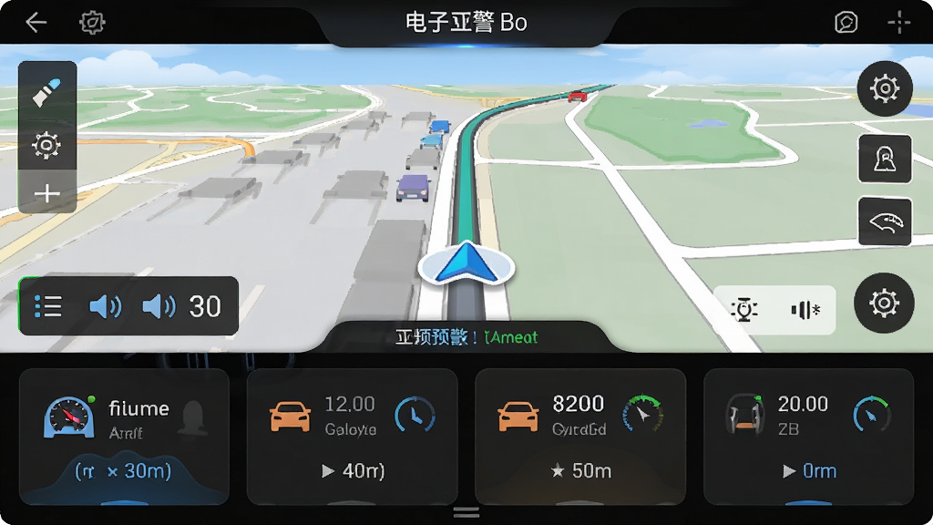 电子狗软件主界面全貌展示,主体为一款车载导航预警应用界面,布局采用上下结构上方为实时地图路况下方为预警信息卡片,排版居中清晰,风格为深色科技感UI,细节包含测速图标语音播报按钮车速显示,画质高清干净无多余元素