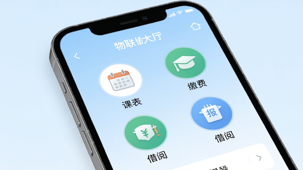 һ�������ֻ���Ļչʾ����У԰APP��һվʽ����������棬ҳ�������������ſα����ɷѡ����ޡ����ġ�ǩ����Բ�ι���ͼ�꣬�����ǵ���ɫ���䣬����Լ�ִ���ϸ�����������ʸɾ��������д��С�����У԰�����ֱ�ʶ