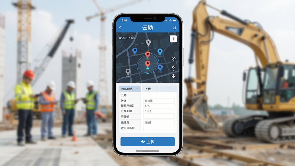 主体为一部智能手机,屏幕显示“云勘”软件界面,界面包含地图点位标记与数据填写表单;布局为手机居中,背景为简洁的工程勘察场景虚化;排版突出手机屏幕内容;风格为写实科技风;细节包括屏幕上的勘察数据表格、地图定位图标、上传按钮;画质清晰,干净,无多余元素。