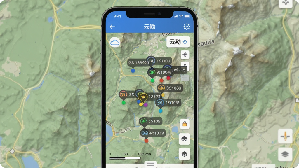 主体为手机屏幕显示“云勘”地图界面,地图上有多个彩色点位标记和坐标显示;布局为手机竖屏,背景为地形图;排版突出地图与点位的层次;风格为地理信息科技风;细节包括比例尺、坐标数值、图层切换按钮;画质清晰,干净,无多余元素。