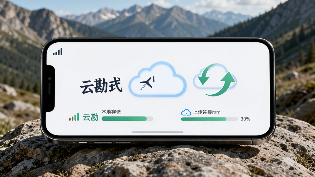 主体为手机屏幕显示“云勘”离线模式界面,带有云朵和同步箭头图标;布局为手机平放于岩石上,背景为野外山地;排版突出离线与同步的视觉对比;风格为户外写实风;细节包括信号格图标、本地存储条、云端上传进度条;画质清晰,干净,无多余元素。
