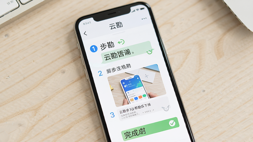 主体为手机屏幕显示“云勘”帮助文档界面,包含图文步骤;布局为手机竖屏,背景为浅色桌面;排版突出步骤序号与截图;风格为清新教程风;细节包括步骤箭头、文字说明框、完成勾选;画质清晰,干净,无多余元素。