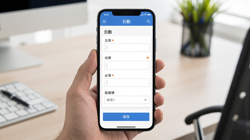 主体为手机屏幕显示“云勘”表单编辑界面,包含多个输入框和下拉菜单;布局为手机居中,背景为办公桌面;排版突出表单的模块化设计;风格为简约商务风;细节包括字段名称、必填星号、保存按钮;画质清晰,干净,无多余元素。