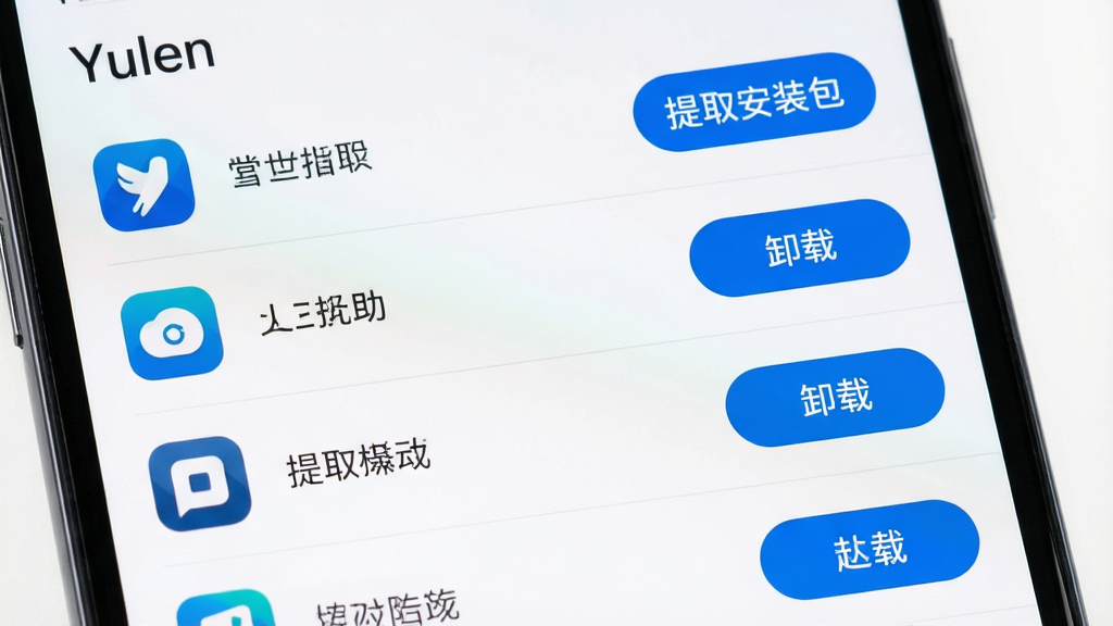 手机屏幕特写,画面中显示“Yulen”的应用管理界面,列表里排列着多个应用图标和名称,右侧有提取安装包和卸载的按钮,界面布局为垂直列表,排版清晰,风格为简约商务风,细节上列表项之间有浅灰色分隔线,按钮为蓝色圆角矩形,画质清晰,背景干净。