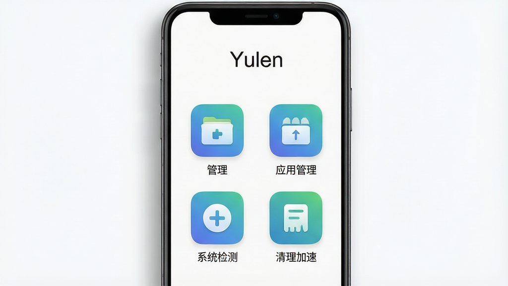 一张展示安卓手机屏幕的预览图,画面主体是一部立着的智能手机,屏幕内显示一个简洁的工具箱应用主界面,界面顶部有“Yulen”字样,下方排列着文件管理、应用管理、系统检测、清理加速四个功能图标,布局为上下结构,排版干净整齐,风格为现代扁平化科技风,细节上图标带有轻微渐变和圆角,手机周围有淡淡的阴影,画质清晰,背景干净,无多余元素。