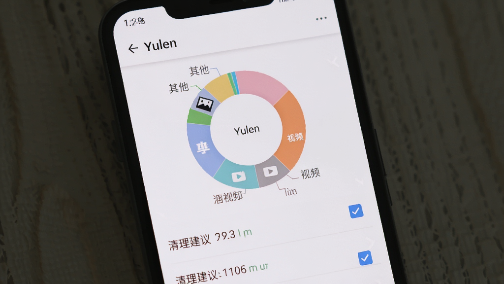 安卓手机屏幕显示“Yulen”的存储分析页面,页面中央是一个彩色环形图,标注图片、视频、应用、其他等分类占比,下方有清理建议列表,布局为上下结构,排版直观,风格为现代数据可视化风,细节上环形图颜色柔和,列表项带有复选框,画质清晰,背景干净无多余元素。