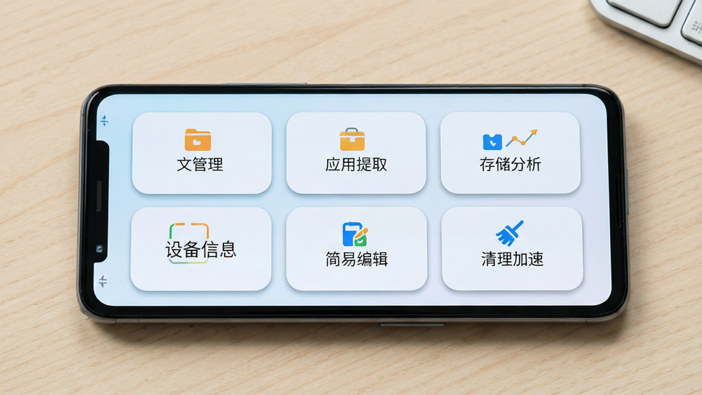 一部安卓手机平放在浅色桌面上,屏幕亮起显示“Yulen”应用的功能聚合页面,页面上有六个圆角矩形功能卡片,分别标注文件管理、应用提取、存储分析、设备信息、简易编辑、清理加速,卡片排列为两行三列,布局整齐,排版清晰,风格为清爽浅色系,细节上卡片有轻微投影和柔和的边框,画质高清,背景干净无杂物。