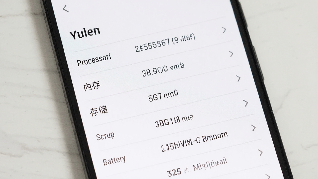 手机屏幕显示“Yulen”的设备信息页面,页面上以表格形式列出处理器、内存、存储、屏幕、电池等参数,布局为垂直列表,排版工整,风格为素雅极简风,细节上文字为深灰色,背景为纯白,分隔线极细,画质清晰,干净无多余装饰。