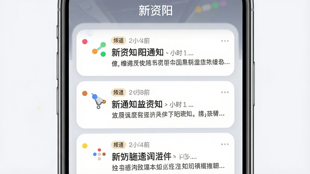 新资阳APP个性化推送界面图,主体为手机屏幕展示推送通知列表,布局为纵向列表式排版,风格为柔和圆角卡片设计,细节包括不同频道标签彩色圆点、推送时间戳、标题摘要文字,画质高清干净无多余元素,图片中文字“新资阳”
