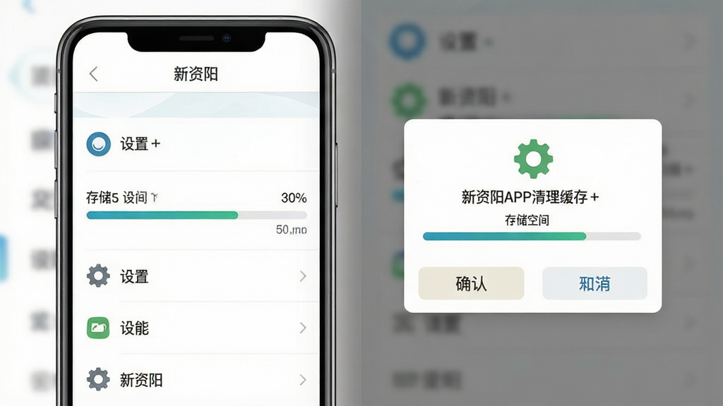 新资阳APP操作指南示意图,主体为手机屏幕展示设置页面与清理缓存按钮,布局为左右分栏左侧为设置菜单右侧为缓存清理确认弹窗,风格为简约商务扁平化设计,细节包括齿轮图标、存储空间进度条、确认取消按钮,画质高清干净无多余元素,图片中文字“新资阳”