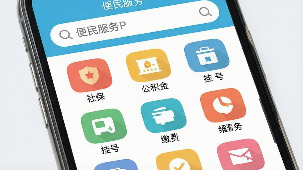 新资阳APP便民服务功能展示图,主体为手机屏幕特写展示便民服务页面,布局为上下结构上方为搜索栏下方为九宫格服务图标,排版整齐有序,风格为清新浅色系扁平化设计,细节包括社保、公积金、挂号、缴费等彩色图标,画质高清干净无多余元素,图片中文字“便民服务”